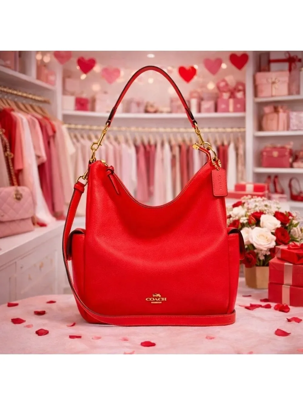 Coach Pennie Vibrant Red Leather Hobo Hand Shoulder Large Bag NWT‎